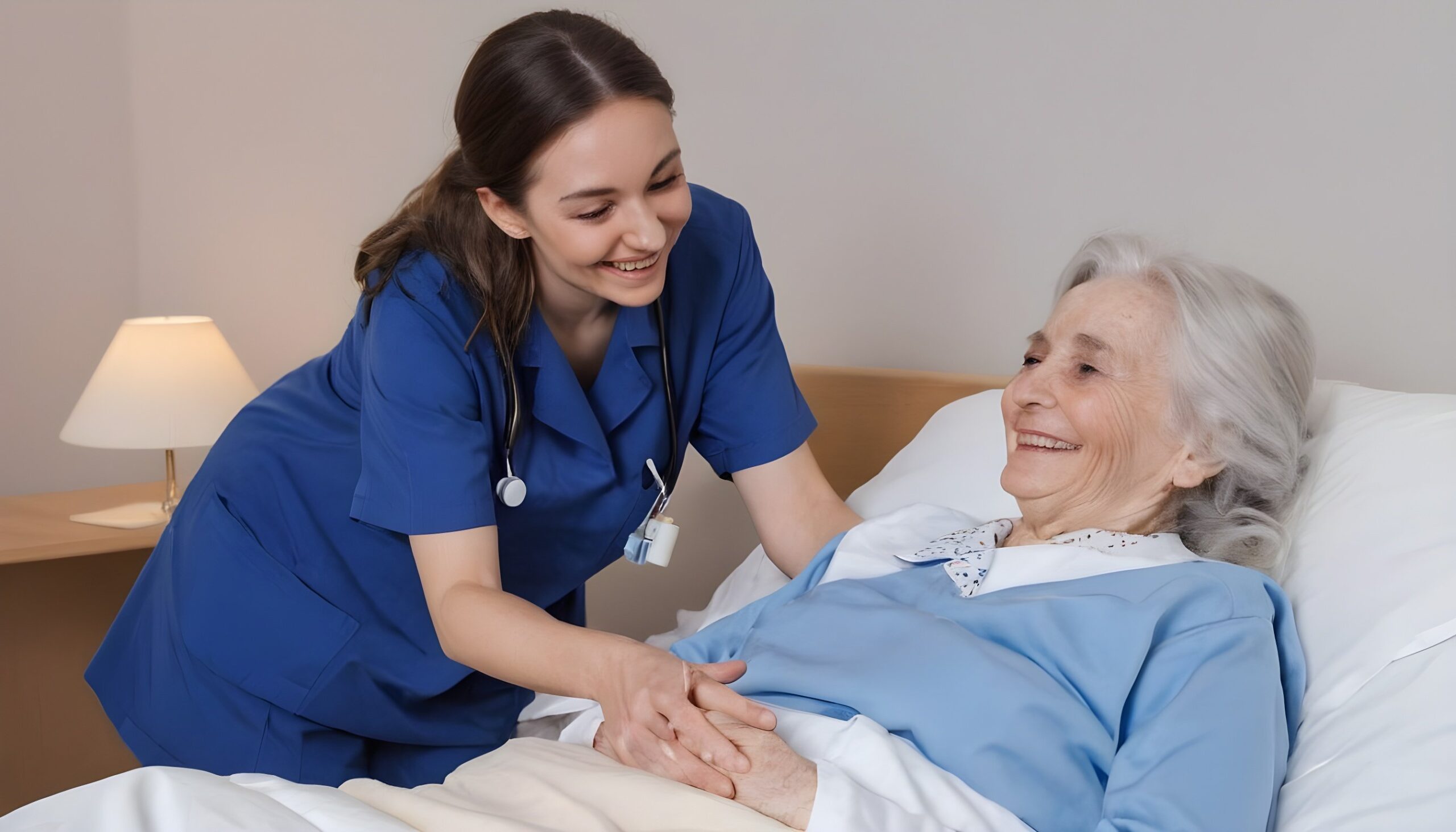 A nurse looking after a old lady 